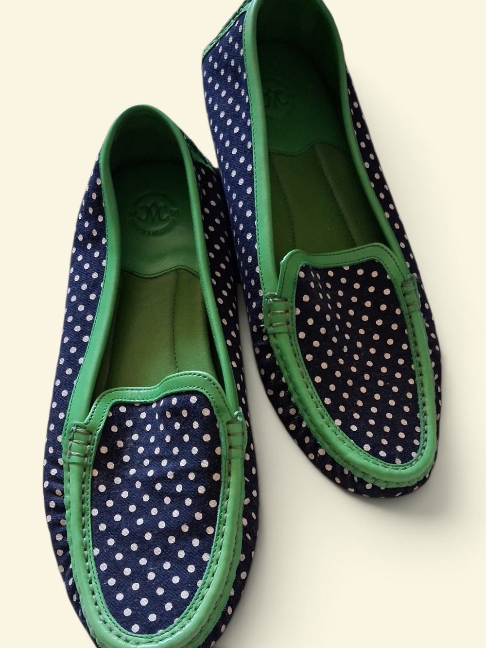 Johnston & Murphy Men's Navy Polka Dot Slip-On Loafers with Green Trim 8.5